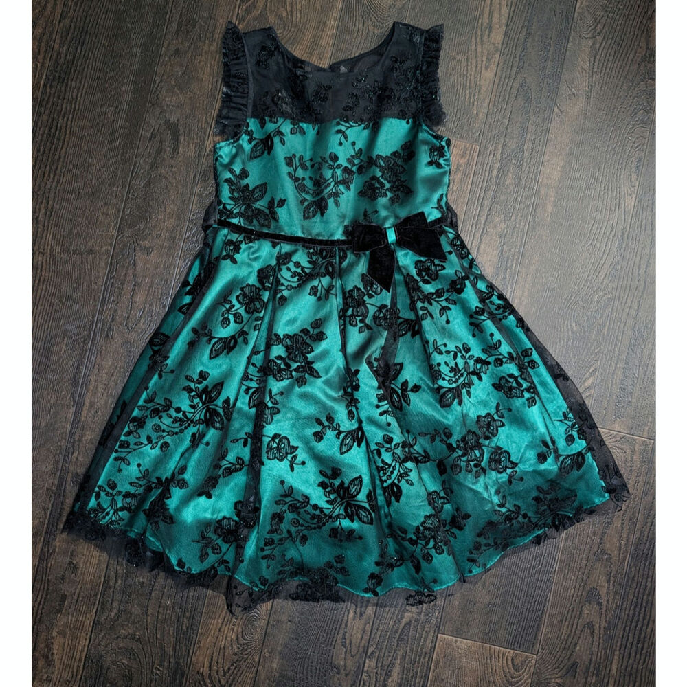 Girls Emerald Green & Black Floral Flocked Holiday Party Dress Size 7